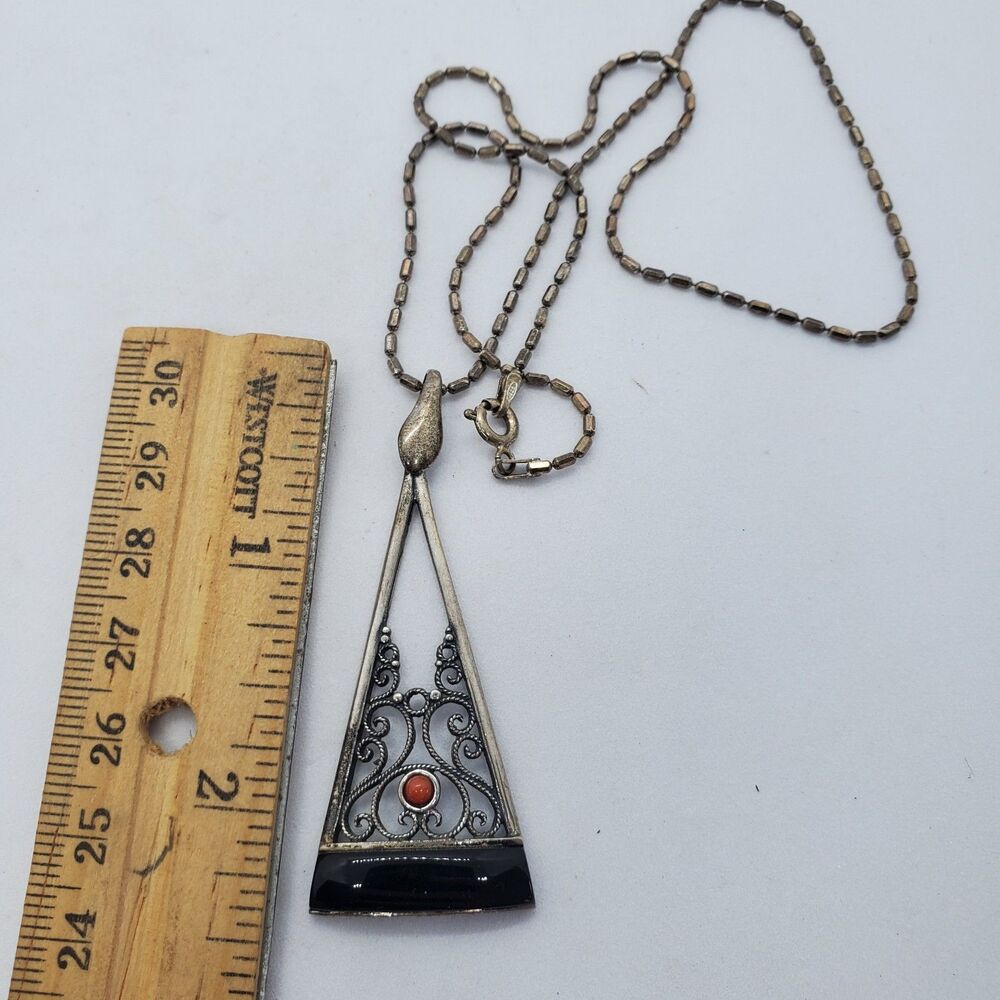 18" Sterling Silver, Onyx and Coral Necklace 925